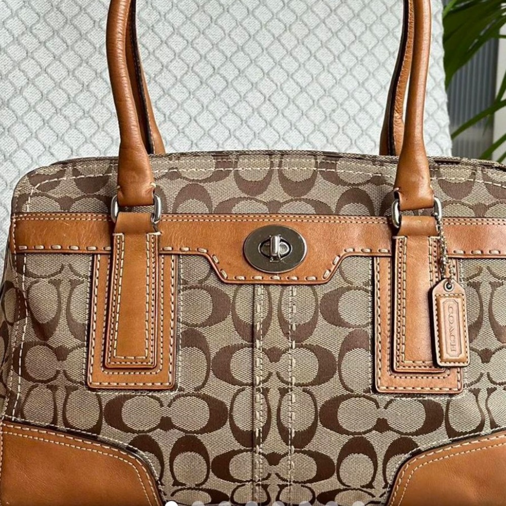 Vintage Coach signature brown and tan leather & canvas top handle tote bag